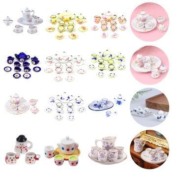 1 комплект, Фарфоровая чайная чашка в масштабе 1/12, миниатюрный кукольный домик, набор для притворной игры, мини-цветочная посуда, Чайники, Кукольная Кухонная игрушка