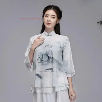 2023 китайская традиционная блузка ципао женская с национальным цветочным принтом костюм тан рубашки ципао этническая винтажная китайская блузка чонсам