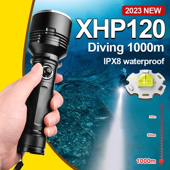 2023 Подводный 1000 м Фонарик для дайвинга XHP120 IPX8 Водонепроницаемый Фонарь Профессиональный Фонарь для дайвинга L2 Рабочая лампа для подводного освещения