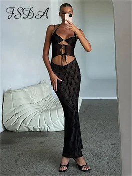 FSDA Кружевное лоскутное платье Миди-футляр с открытой спиной, женское Сексуальное прозрачное платье без рукавов на завязках, Элегантные вечерние наряды