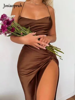 Josiaoprah Сексуальное элегантное атласное платье, женское облегающее платье, коричневое летнее платье, сексуальные платья, одежда для вечеринок и ночных клубов, миди-платья