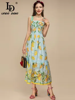 LD LINDA DELLA 2023, Летнее платье для подиума, женское платье миди с богемным лимонным принтом, расшитое бисером, для отдыха на бретельках