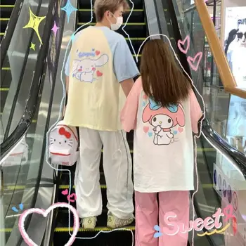 Mymelody Sanrio Аниме Пара с коротким рукавом Kawaii Cute Cinnamoroll Летняя Удобная Одежда, Милый Мультяшный подарок на День рождения