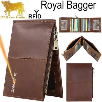 Royal Bagger Держатель для RFID-карт, двойной короткий кошелек для мужчин, держатель для карт из натуральной коровьей кожи, Портмоне на молнии, Чистый запас