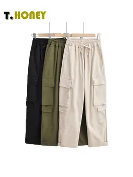 TELLHONEY / Женские Модные Однотонные брюки с эластичной резинкой на талии, на шнуровке, с карманами, женские повседневные Прямые брюки-карго с низкой талией