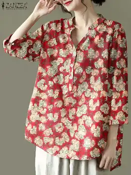 ZANZEA, Хлопковая льняная туника Оверсайз, женская блузка с цветочным принтом, Модная рубашка с длинным рукавом, повседневные свободные пуговицы, праздничные топы в стиле ретро.