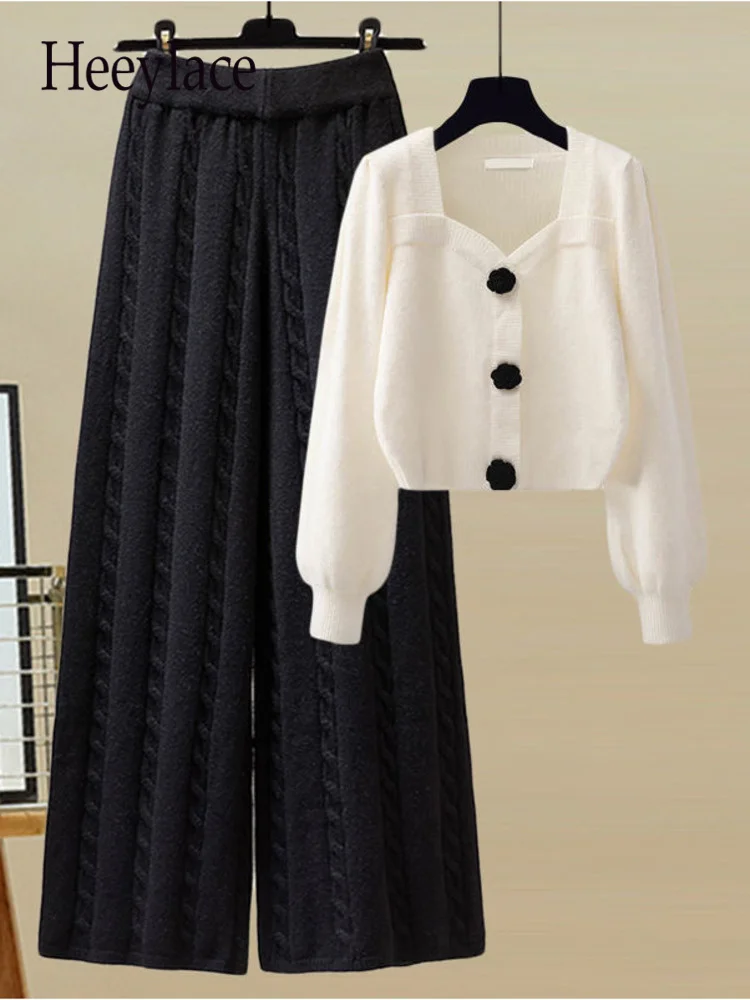 Осенне-зимние трикотажные комплекты из двух предметов, женская одежда, Офисные женские Элегантные свитера с квадратным воротником и комплекты широких брюк Twist 2022
