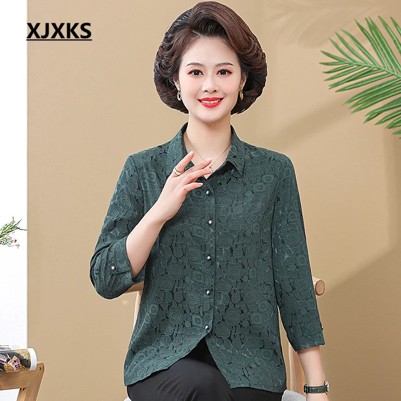 XJXKS 2023, Весна-осень, Новая модная женская рубашка с отворотом и рукавом в семь точек, Свободные топы с принтом оверсайз, Женская блузка