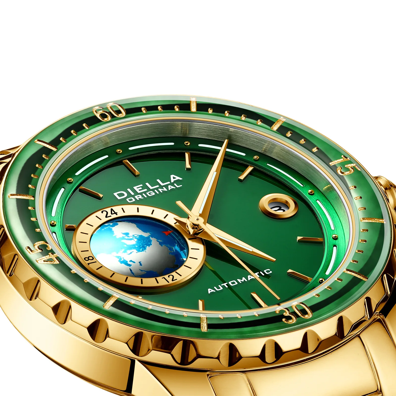 Оригинальные механические часы DIELLA Jade Мужские 3D Earth с 24-часовым календарем, Изумрудно-нефритовый стальной ремешок, Японские наручные часы с автоподзаводом