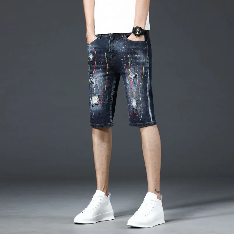 Джинсовые шорты мужская индивидуальность граффити брызги чернил Европейский и американский стиль уличный стиль рваные брюки tide короткие джинсы