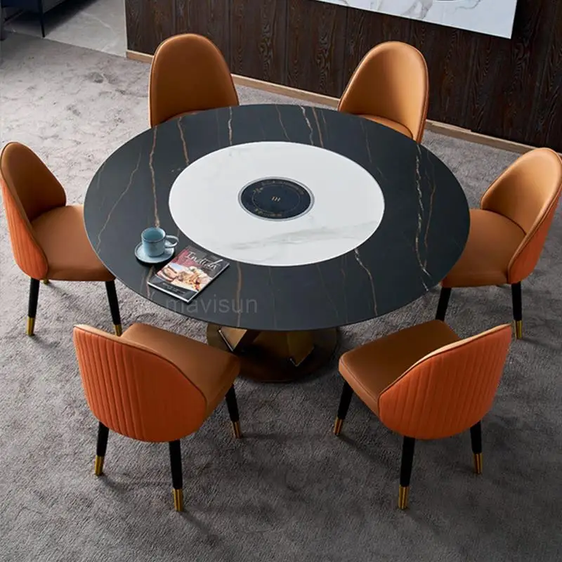 Импортный обеденный стол из круглого сланца со встроенным поворотным столом, бытовой кухонный стол и четыре стула, мебель для дома из твердых частиц