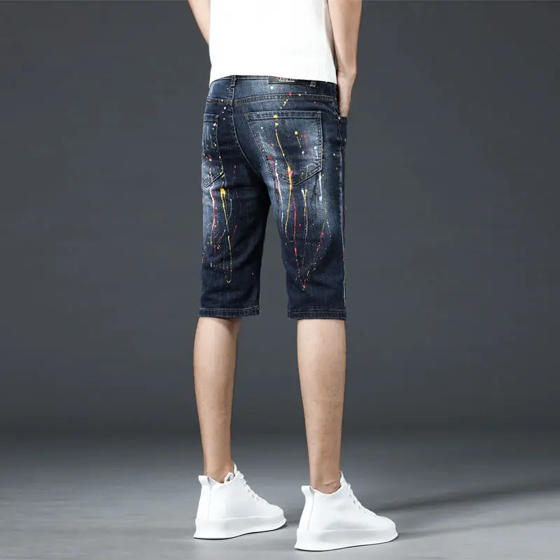 Джинсовые шорты мужская индивидуальность граффити брызги чернил Европейский и американский стиль уличный стиль рваные брюки tide короткие джинсы