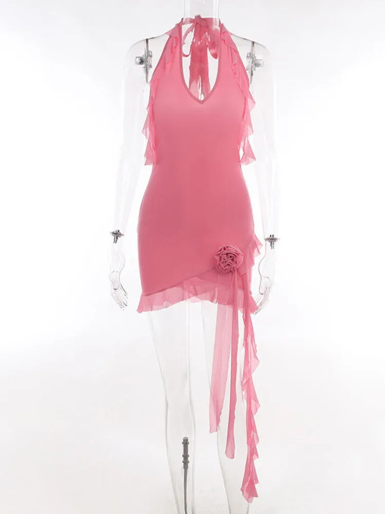 Розовое платье с цветочными рюшами и кисточками, платье на бретелях, мини-платья без рукавов с открытой спиной для женщин 2023, Летнее сексуальное пляжное праздничное платье