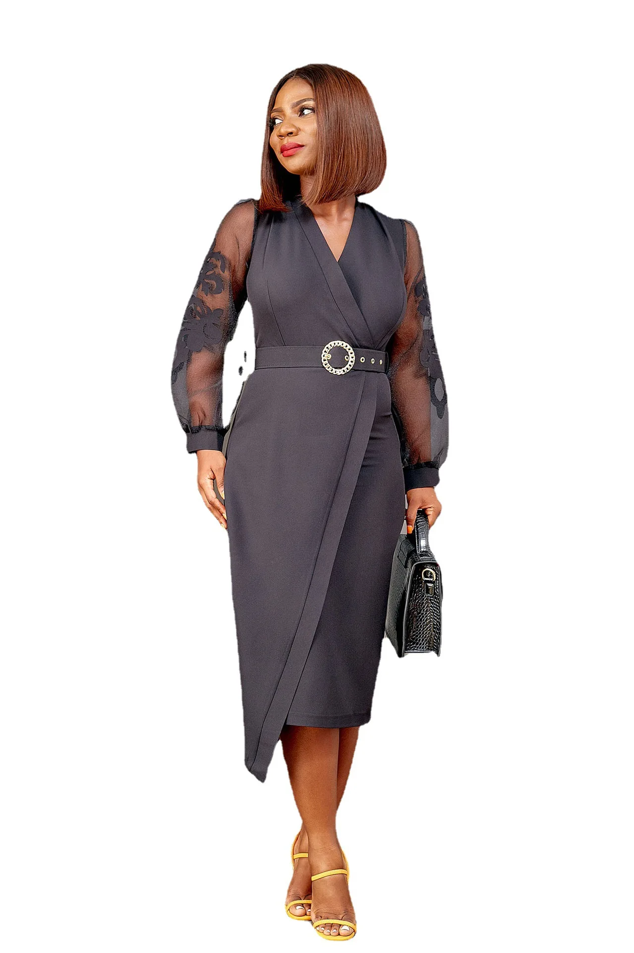 Tsxt 2021, Новый Африканский Стиль, Женское Однотонное 2-цветное Облегающее Платье С Высокой Талией, женское Платье с V-образным вырезом и Длинным рукавом, Облегающее Платье до середины икры с Поясом