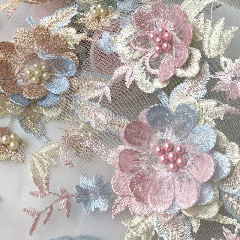 Разноцветные 3D цветы, вышитые бисером кружевные ткани, аппликация, вышивка, пришивание сетчатых нашивок для свадебного платья 