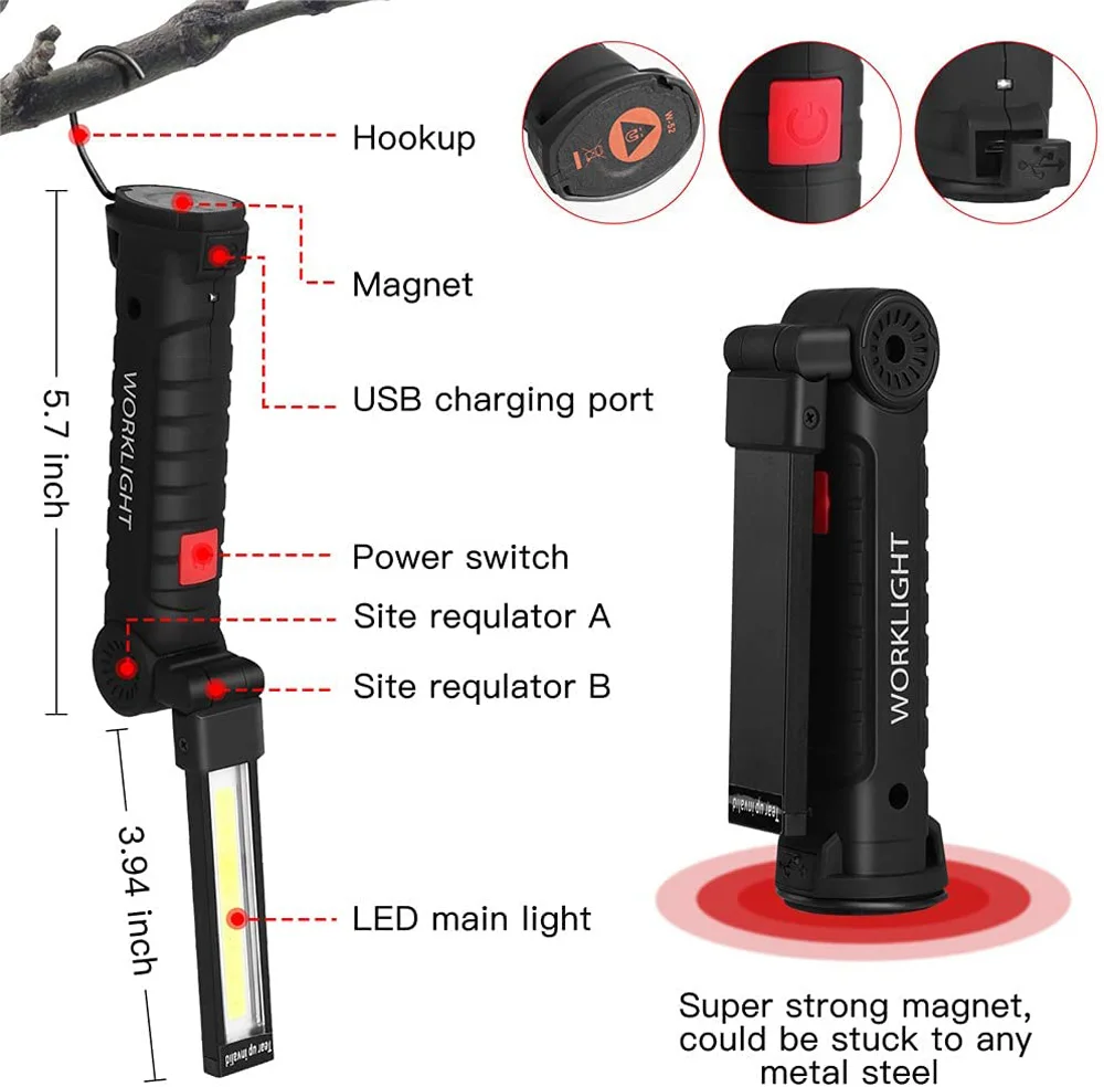 Портативный Фонарик COB LED Camping Light Магнитный Фонарь Lanterna USB Перезаряжаемый Рабочий Фонарь со Встроенной Батареей Camping Torch