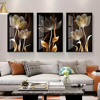 Абстрактный плакат с черным золотым цветком Скандинавское искусство Холст с листьями растений Современные роскошные настенные панно для украшения гостиной