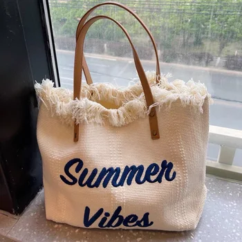 Большой емкости холст плечо сумки с письмо Вышивка для летние пляжные сумки женские модные повседневные кисточкой покупателя