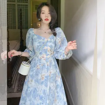 Винтажное платье Миди для вечеринок, Женское Элегантное платье Корейской принцессы с цветочным рисунком, осень 2021, женское Повседневное Милое платье с длинным рукавом и высокой талией