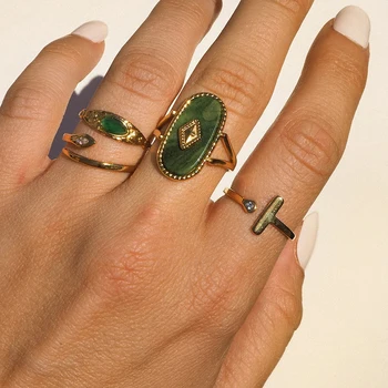 Винтажный Овальный дизайн, открытое кольцо из натурального камня для женщин, Преувеличенный Подарок из нержавеющей стали, Водонепроницаемые Регулируемые ювелирные изделия