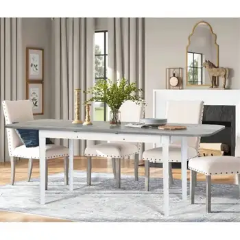 Выдвижной обеденный стол 78,7 дюйма L, съемная створка для самостоятельного хранения, стол из серого дерева и белые ножки