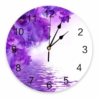 Декоративные Круглые настенные часы с цветком фиолетового гибискуса, дизайн с арабскими цифрами, не тикающие настенные часы большого размера для спальни, ванной комнаты
