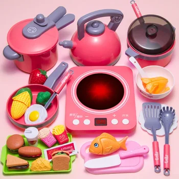 Детский набор кухонных игрушек, имитирующий индукционную готовку, Модель посуды для девочек, Режущих Фрукты, Игрушки, имитирующие образовательную игру понарошку