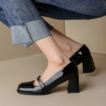 Женская обувь Mary Jane из лакированной кожи, туфли-лодочки на высоком каблуке с квадратным носком, Черная дизайнерская обувь, офисная женская модельная обувь, осень 9972N