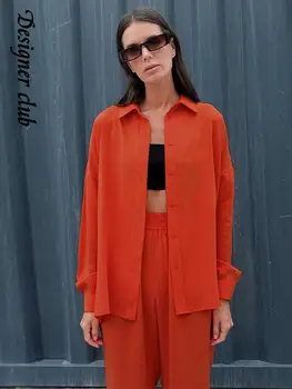 Женская рубашка-брюки, комплект из 2 предметов, осенние однобортные рубашки 2022 года и брюки с высокой посадкой, оранжевый повседневный свободный женский наряд