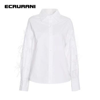 Женские белые рубашки в стиле пэчворк ECRURANI с длинным рукавом, однобортные однотонные повседневные блузки, женская летняя новая одежда 2021