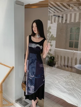 Женское платье-жилет с круглым вырезом и без рукавов в китайском стиле, Новое летнее Шикарное женское Сексуальное сетчатое платье трапециевидной формы