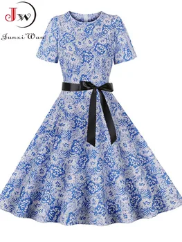 Женское платье-пинап с цветочным принтом, летнее элегантное повседневное платье трапециевидной формы, винтажный сарафан миди 60-х 50-х годов