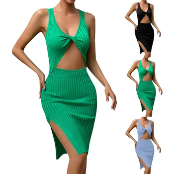 Женское сексуальное облегающее платье без рукавов, юбка с высоким разрезом, зеленое платье с перекрестными оборками и разрезом, модные платья-слинги для пляжных клубов и вечеринок
