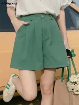 Зеленые шорты, женская свободная уличная одежда с высокой талией, элегантный дизайн, летняя винтажная студенческая мода, Простые повседневные шорты Ins