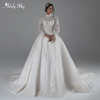Классическое Мусульманское свадебное платье с блестящим кружевным шлейфом и высоким воротом 2023, Роскошные Аппликации, Бисероплетение, Бальное платье с длинным рукавом, Свадебное платье