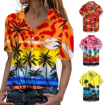 Летние Гавайи, рубашки с коротким рукавом, женские Летние рубашки для пляжного отдыха, женские футболки, повседневная туника с отложным воротником, топы