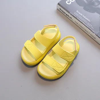 Летние детские сандалии, милая однотонная детская пляжная обувь, Красивые желтые сандалии для девочек с открытым носком, дышащие босоножки для мальчиков.