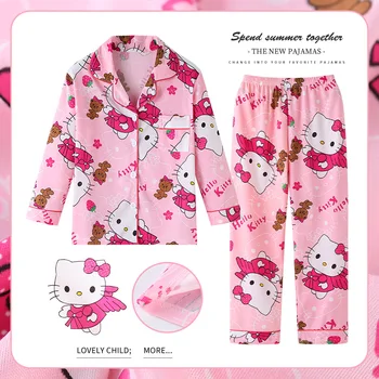 милый Хлопковый костюм Sanrio Kuromi cinnamoroll С длинными рукавами, детская Пижама, Тонкие Комплекты С V-образным вырезом Для девочек, Весенне-летняя домашняя одежда для жизни Y2K