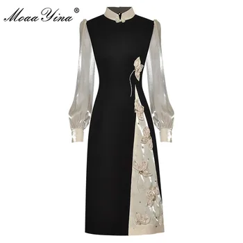 Модное дизайнерское платье MoaaYina, Весеннее женское платье с воротником-стойкой, Длинным рукавом, Аппликацией, Бисероплетением, модные Вечерние платья
