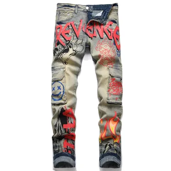 Модный бренд в стиле панк, ретро, синие джинсы с несколькими карманами, Тонкие стрейчевые рваные брюки с принтом, Прямая мужская мотоциклетная одежда