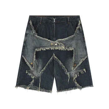Мужские винтажные лоскутные джинсовые шорты в стиле хай-стрит, прямые, Y2K, широкие, мешковатые, повседневные Летние джинсовые брюки длиной до колен