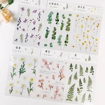 Наклейки с цветами, листьями, растениями, натуральная маргаритка, клевер, наклейки с японскими словами, прозрачный ПЭТ-материал для скрапбукинга.