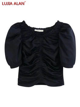 Новая Мода Квадратный Воротник Женская Плиссированная Короткая Рубашка Повседневная Женская Черная Блузка С Пышными Рукавами Тонкие Топы LUJIA ALAN S7006