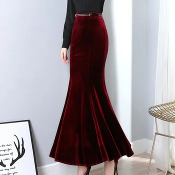 Осень 2023, винтажная бархатная черная длинная юбка-русалка 2023, модные женские элегантные велюровые юбки с поясом DQ1279