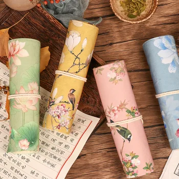 Пенал в винтажном китайском стиле, сумка для ручек, упаковка для карандашей, цветок Лотоса, птицы, чехол для хранения канцелярских школьных принадлежностей