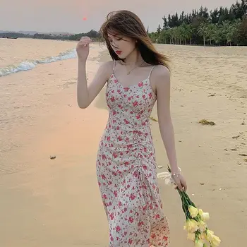 Платье средней длины во французском стиле, новое летнее шифоновое платье с нежным разрезом на талии, облегающее, с цветочным рисунком.