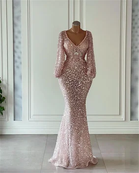 Платья для выпускного вечера в стиле розовой Русалки с блестками, длинные изысканные вечерние платья с пышными рукавами Robe De Soiree