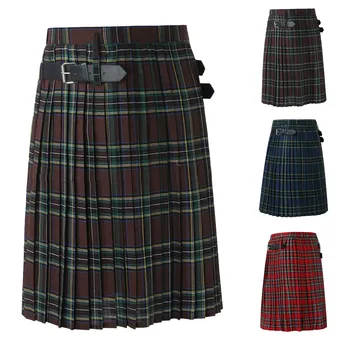 Повседневная мужская плиссированная юбка в шотландскую клетку контрастного цвета в стиле ретро с карманами, повседневная осенняя модная мужская юбка в шотландском стиле