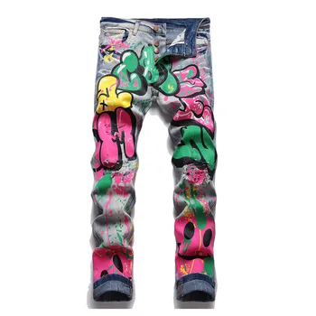 Повседневные джинсовые брюки Mcikkny в стиле хип-хоп с принтом граффити, уличная одежда в стиле Харакуджу в стиле панк, джинсовые брюки для мужчин Slim Fit