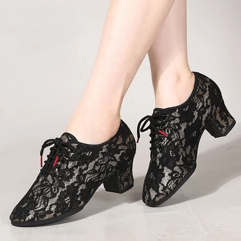 Профессиональная обувь для джазовых танцев для женщин, современные кроссовки для латиноамериканских джазовых танцев на каблуках 3,5/5,5 см, кружевные туфли с цветочным рисунком для учителей танцев